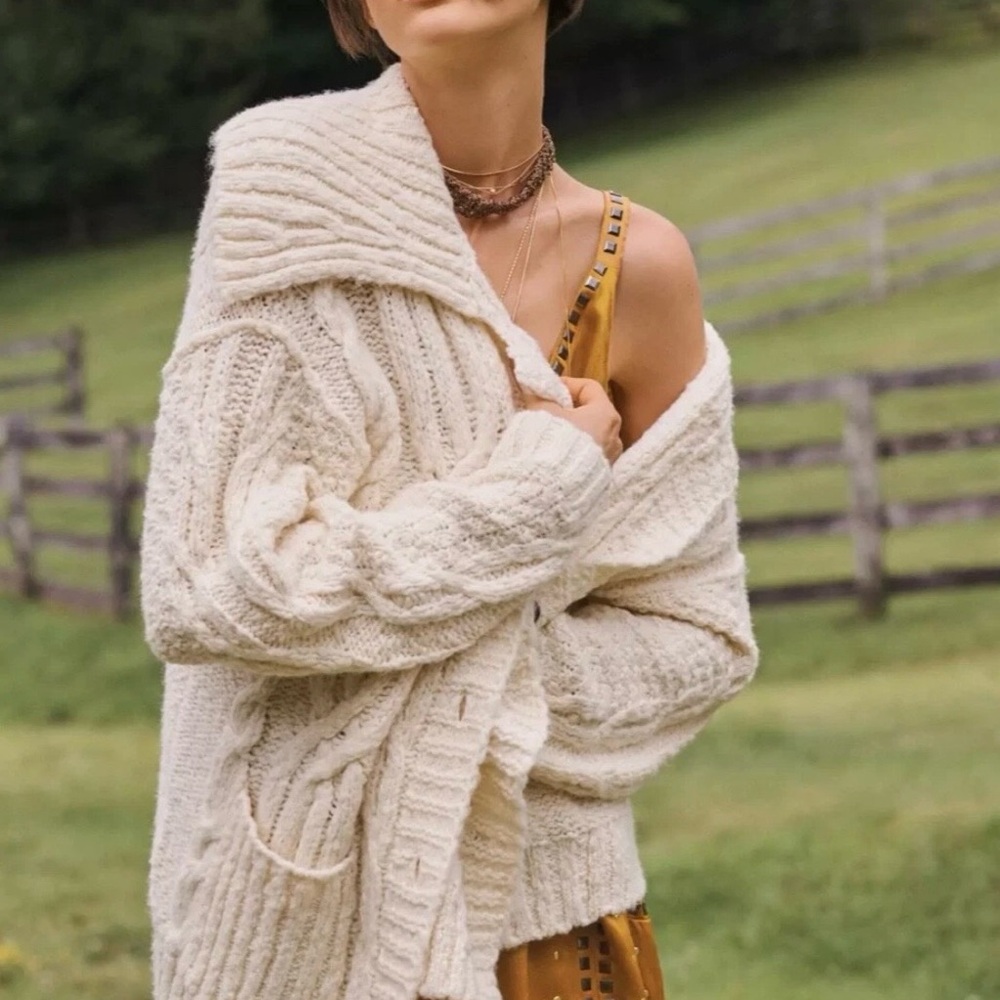 Anthropologie Pilco Wool Cream Chunky Cable-Knit Cardigan Sweater Size S